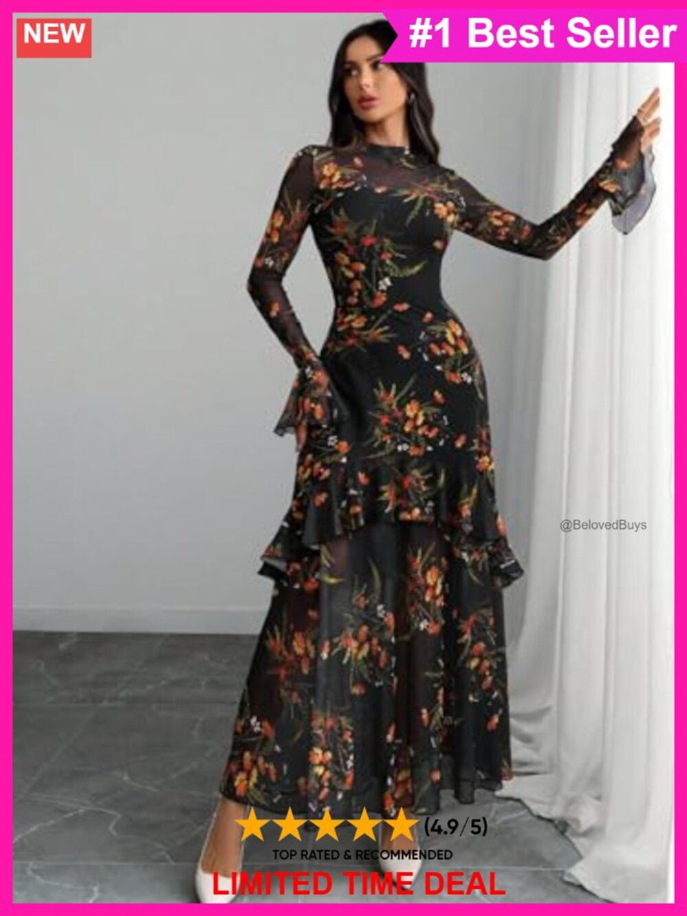 Women Floral Maxi Dress Bell Sleeve Mermaid Hem Mesh Party Wedding Guest - Picture 3 of 6